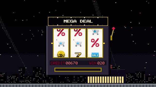 Black Friday pixel-art slot machine gameplay, mega deal jackpot, retro arcade