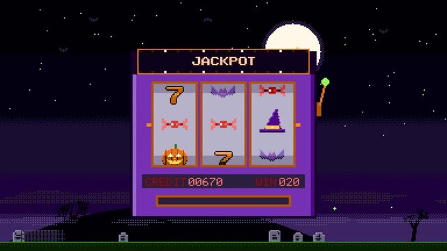 Halloween pixel slot machine, jackpot, retro arcade game, Happy Halloween text