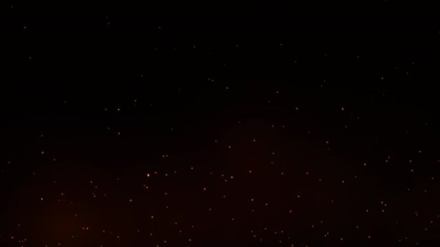Seamless loop of glowing fire sparks and smoke getting blown to the right by a strong wind before curving upwards against a dark background.