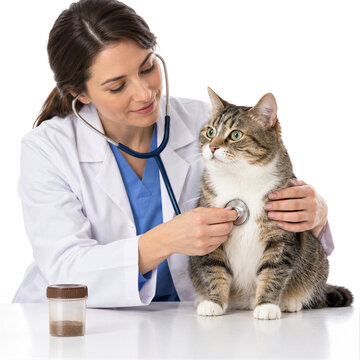 Female veterinarian examining tabby cat with stethoscope isolated on transparent background PNG cutout
