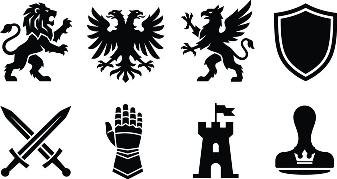 Heraldic Crest Icon Set - Black vector silhouettes of lion rampant, double-headed eagle, griffin, shield, swords, castle tower, and knight gauntlet.