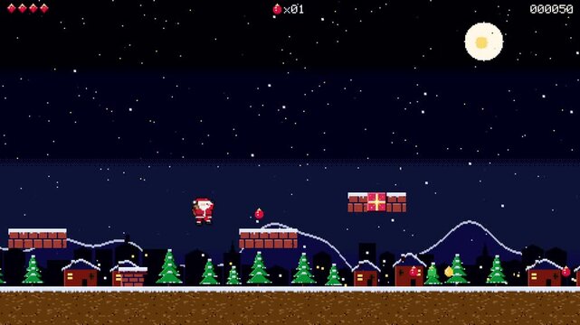 Santa pixel character runs, jumps over obstacles, snowy Christmas village, retro game