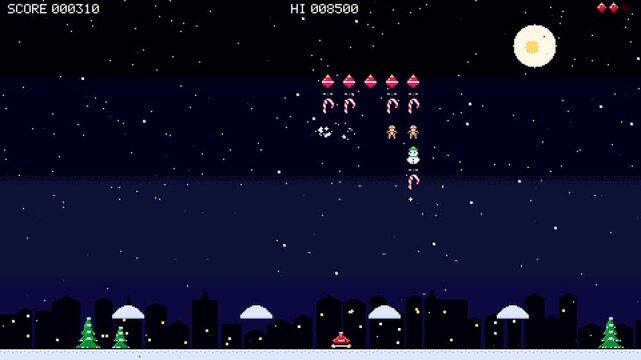 Retro Christmas arcade shooter, sleigh cannon fires snowballs, pixel art gameplay, seamless loop