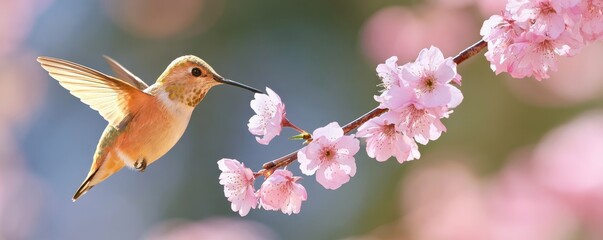 Fototapeta premium Hummingbird hovering near pink cherry blossoms on a branch during spring season