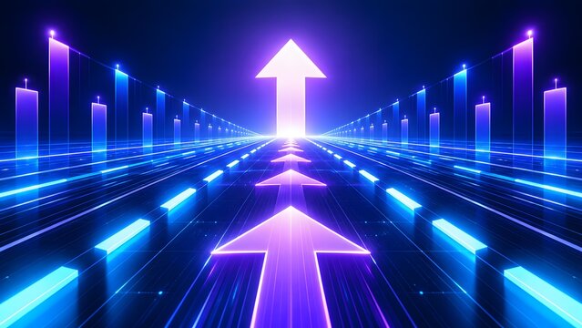 Glowing purple and blue upward arrows moving along a digital pathway representing technological advancement and data-driven growth