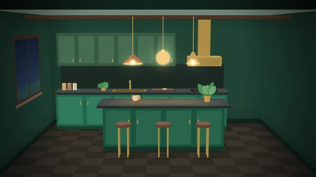 Dark green kitchen with brass pendant lamps and island assembling