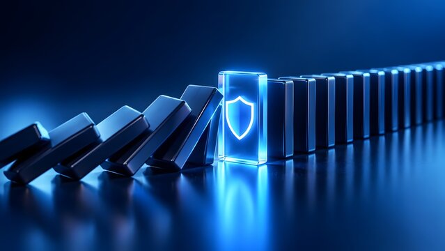 Glowing digital shield stopping a chain reaction of falling blue dominoes representing cybersecurity and data protection strategies