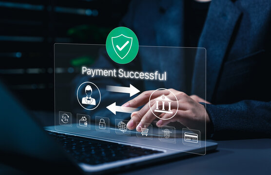Successful payment confirmation in online digital banking. Person using laptop and displaying Payment Successful message with icons representing online transactions, financial technology, fintech
