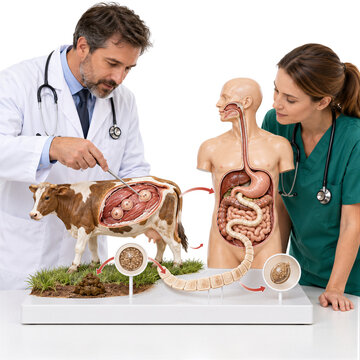 Medical doctors studying tapeworm parasite infection isolated on transparent background PNG cutout