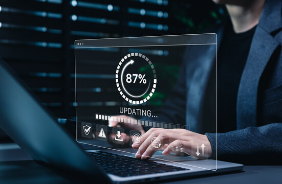 Software update or operating system, update software application upgrade technology concept. updating progress bar, installing app patch, new version loading, program downloading, improved security,