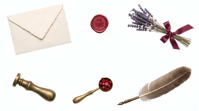 Six vintage love letter wax seal and quill stationery items isolated on white