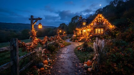 Obraz premium Halloween pumpkins and lanterns illuminate rustic house pathway at