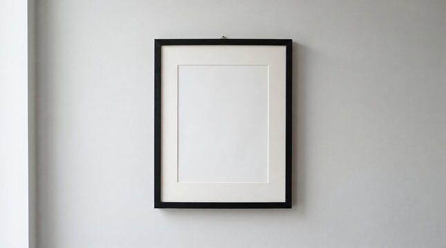 Empty vertical black picture frame hanging on a plain light gray wall background