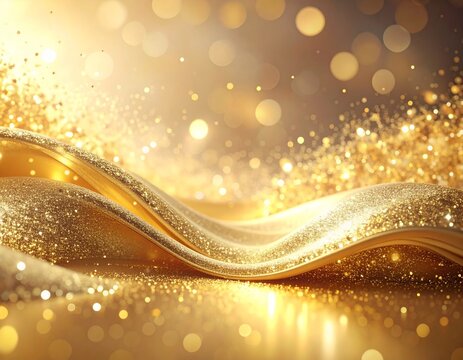 ウェーブ　素材　Golden Abstract Wave Background with Luxurious Glitter, Sparkling Particles and Warm Champagne Light