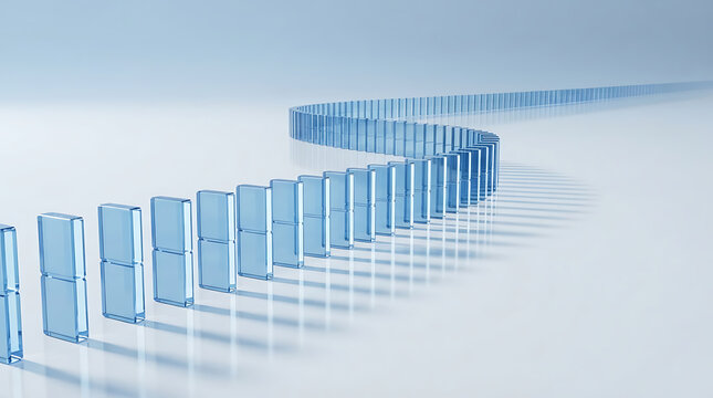 Blue glass dominoes arranged in a winding row on a reflective surface
