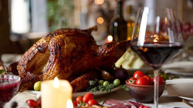 Glazed roast turkey stands beside wine and candles on festive table with elegant abundance. Thanksgiving feast, holiday hosting, seasonal dining concept