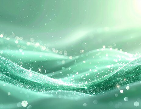 ウェーブ　背景　Mint Green Abstract Wave Background with Sparkling Particles and Soft Glowing Light