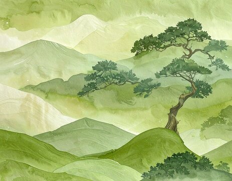 木　背景　Green Watercolor Mountain Landscape with Misty Hills and Traditional Pine Trees