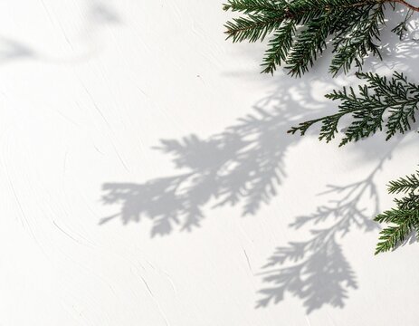 葉っぱ　背景　Evergreen Pine Branch Shadows on a Soft White Background with Winter Sunlight