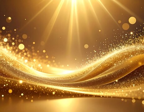ウェーブ　背景　Golden Abstract Wave Background with Radiant Sunlight and Sparkling Glitter Particles