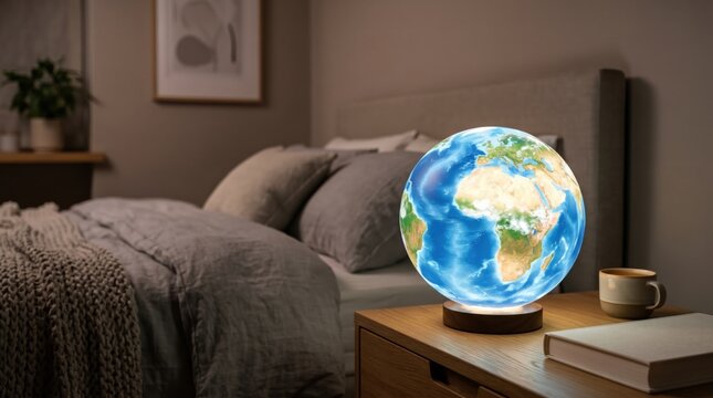 Illuminated Earth globe lamp on a wooden nightstand beside a bed, representing global awareness, eco concept, modern decor and cozy bedroom atmosphere