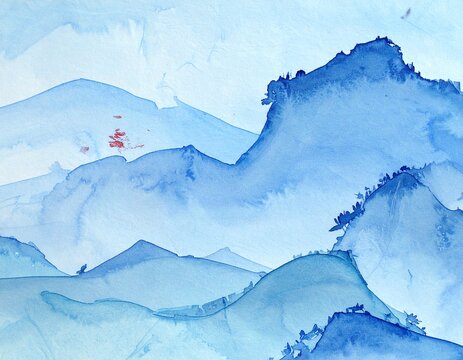 青　風景　Blue Watercolor Mountain Landscape with Layered Peaks and Misty Hills