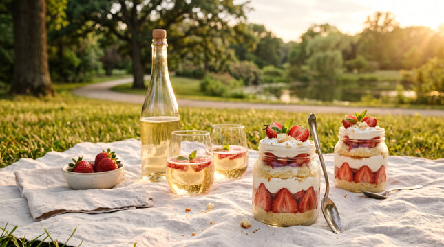 Summer picnic with strawberry trifles and sparkling wine in a park at sunset