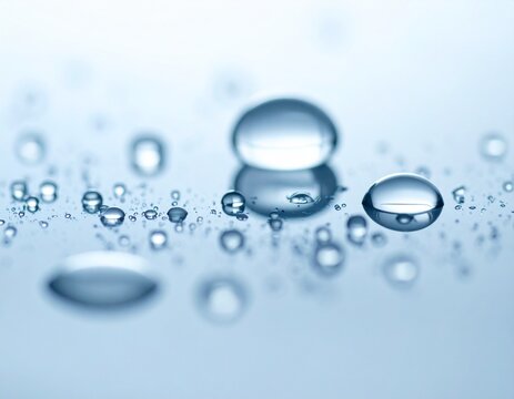 水滴　Water Droplets Floating on a Soft Blue Background with Reflections