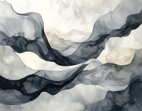 インク模様　Ink Wash Mountain Landscape with Misty Peaks and Flowing Black and White Forms