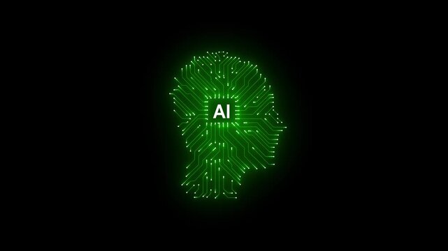 A human head made from a circuit board, "AI", stands against the backdrop of an evening cityscape.on black Background 4k video Animation .