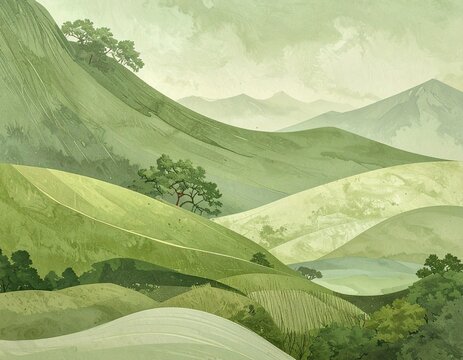 風景　Green Rolling Hills Landscape in a Soft Watercolor Style
