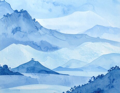 風景　Blue Watercolor Mountain Landscape with Layered Peaks and Misty Hills
