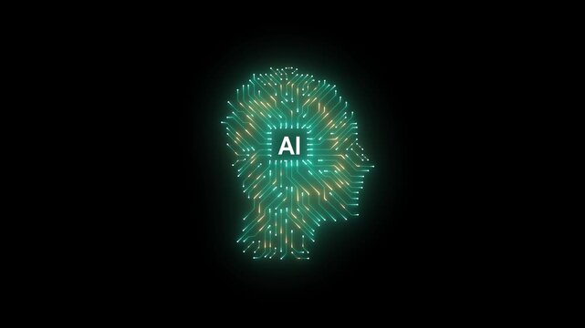 A human head made from a circuit board, "AI", stands against the backdrop of an evening cityscape.on black Background 4k video Animation .