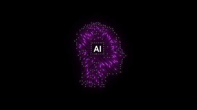A human head made from a circuit board, "AI", stands against the backdrop of an evening cityscape.on black Background 4k video Animation .
