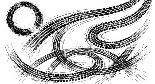 Tire tread marks after skidding, launch, drift, powerslide in motorsport, rally, off-road, motocross. Wheel texture with splash effect. Vector, transparent PNG version.