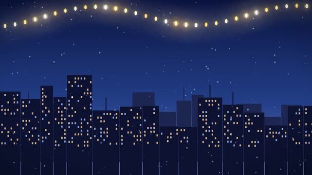 Animated cityscape at night with twinkling string lights and illuminated buildings
