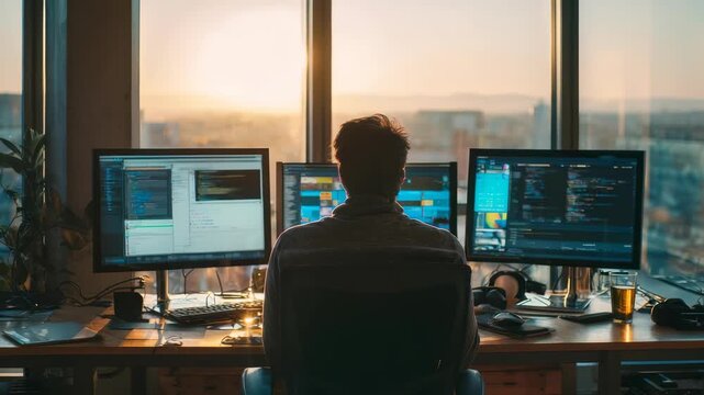 A software developer works at a modern desk with multiple monitors, coding as the sun sets through large office windows. The workspace is filled with technology and a cityscape view