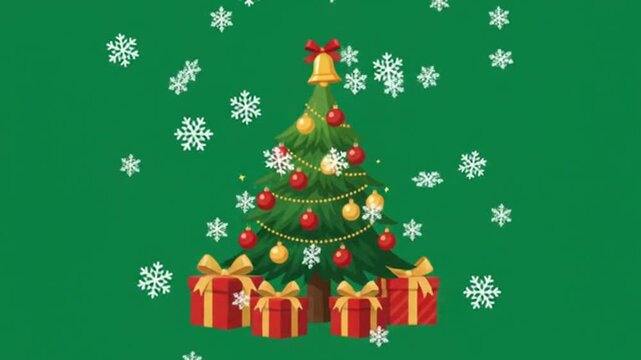 Festive Christmas tree with red and gold ornaments surrounded by falling white snowflakes and wrapped gift boxes underneath on a solid green background for seasonal holiday design projects