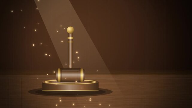Judge gavel strike with shock ring dust and sparkles on walnut wall