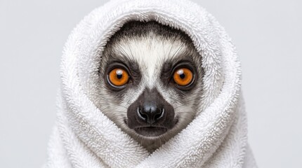 Fototapeta premium Lemur with orange eyes wrapped in white bath towel