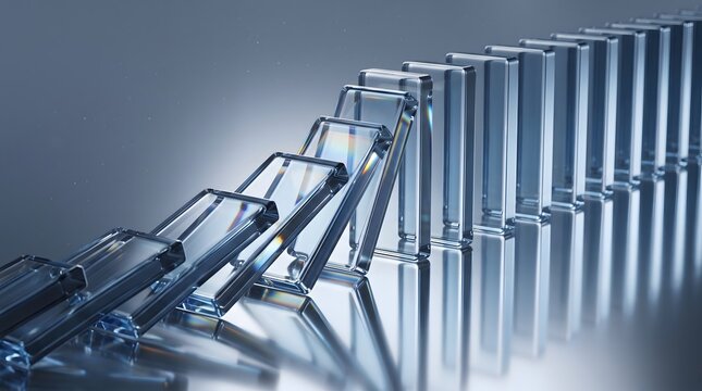 Transparent glass dominoes falling in sequential chain reaction representing strategic business risk and impact