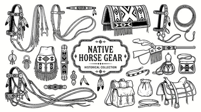 Very beautiful black and white realistic vector collection featuring historical horse tack, bridles, reins, saddle blanket, rawhide gear, centered label "NATIVE HORSE GEAR", beadwork ornaments and tra