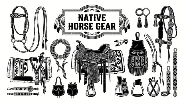 Very beautiful black and white realistic vector collection featuring historical horse tack, bridles, reins, saddle blanket, rawhide gear, centered label "NATIVE HORSE GEAR", beadwork ornaments and tra