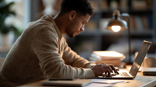 Thoughtful black teen guy seen from behind passing a hard exam or online test on a laptop at home teenage student learning remotely doing a difficult home assignment and working