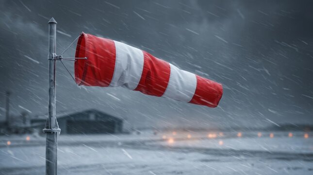 Red and white windsock stretched by strong wind during a heavy snowstorm with icy pole and blurred lights, representing meteorology, weather measurement, winter storm and wind direction monitoring