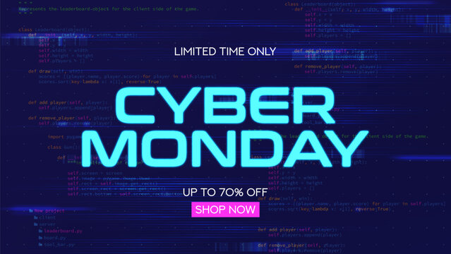 Cyber Monday sale background. Vector illustration with blue glowing sign of Cyber Monday on technology background with binary code. Promotion, advertising and social media ads concept.
