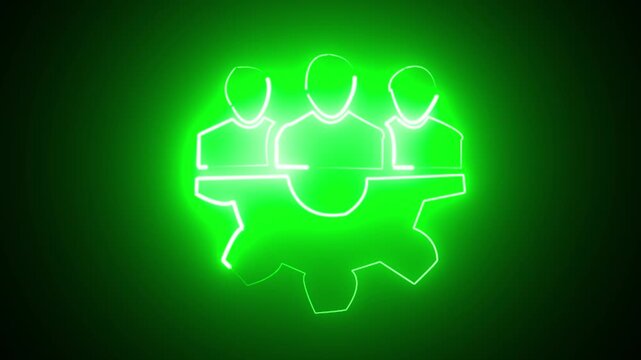 glowing neon Healthcare management team collaboration icon animation on black background. Teamwork healthcare icon with plus sign on gear. 
