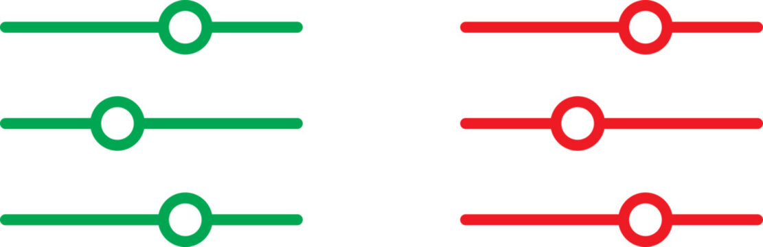 Set of green and red slider control icons for mobile app interface and website settings Vector