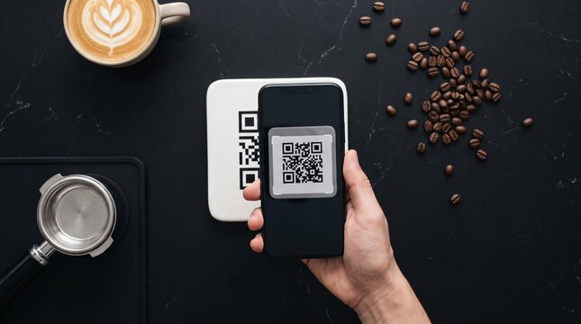 Overhead top down flat lay of hand holding mobile phone scanning qr code payment on brass stand on black nero marquina marble counter at specialty coffee shop with latte art cup and beans