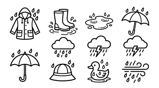 Rainy Weather Doodle Icons Set with Raincoat, Rubber Boots, Umbrella, Storm Clouds and Rubber Duck